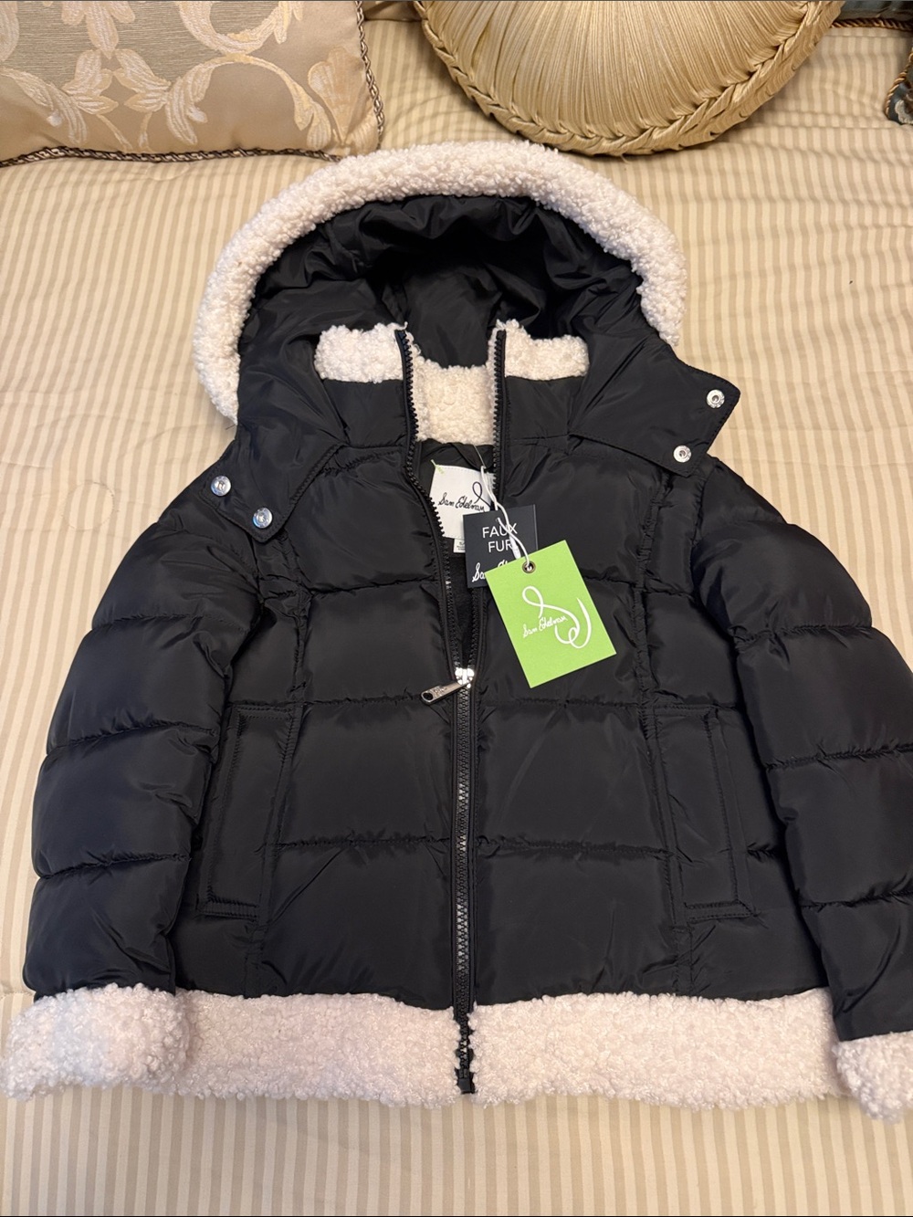 Kids Black  Puffer Jacket with White Sherpa Trim